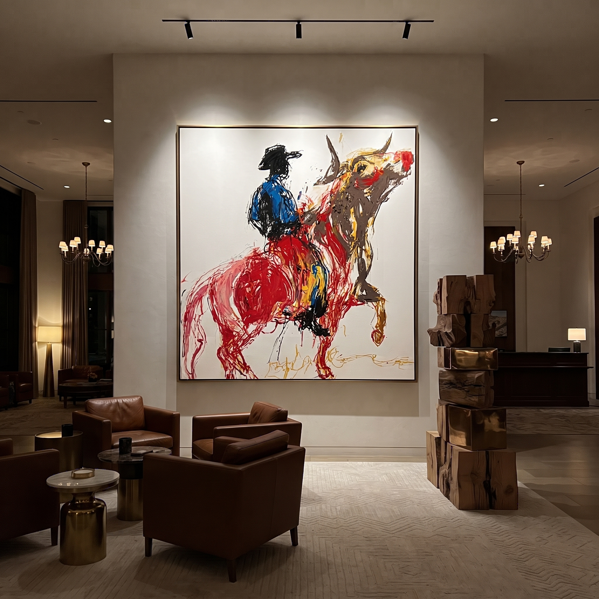 Red Horse Climbs Air - blue cowboy horse painting by Ethan Mercer, contemporary Western square wall art – styled room scene view 3