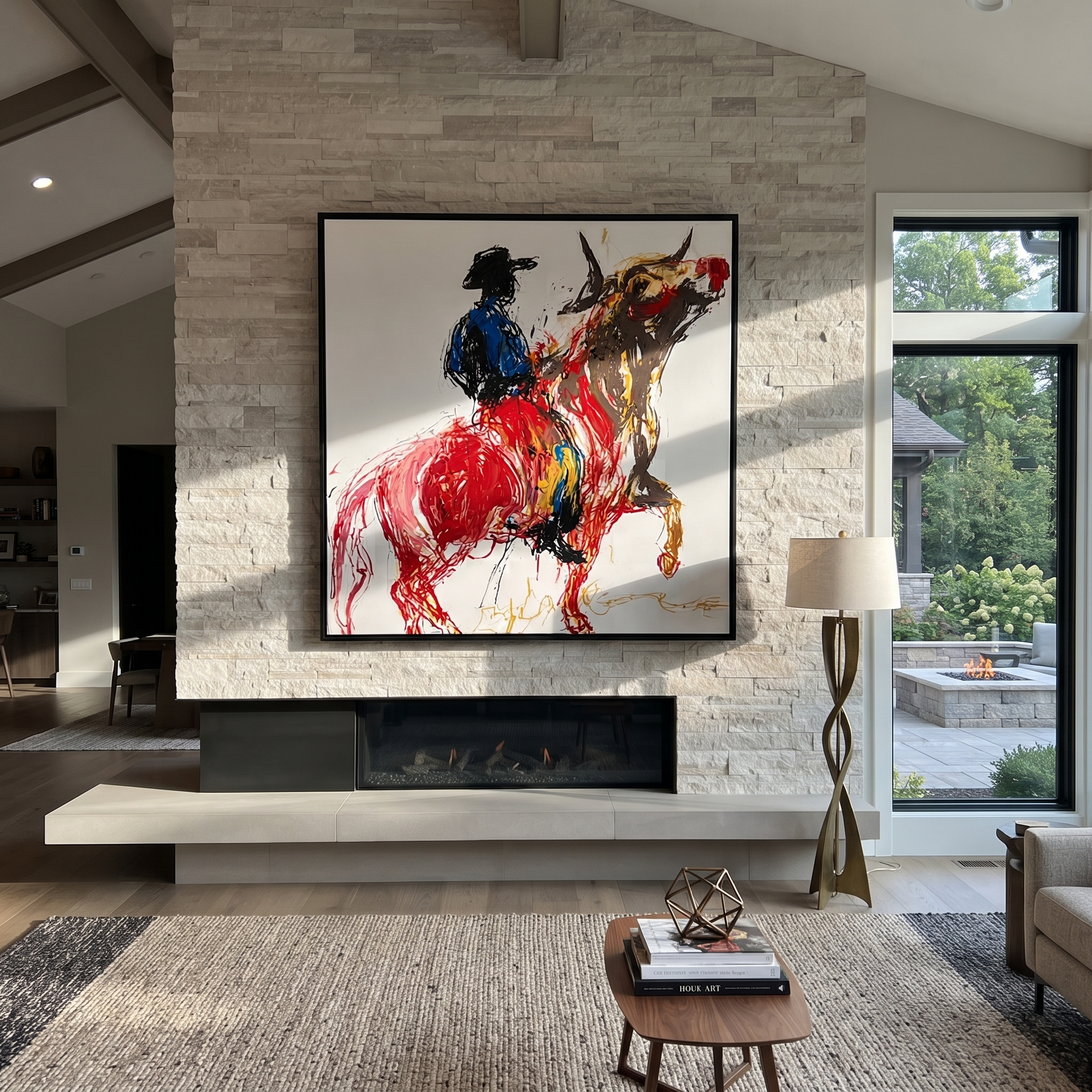 Red Horse Climbs Air - blue cowboy horse painting by Ethan Mercer, contemporary Western square wall art – styled room scene view 4
