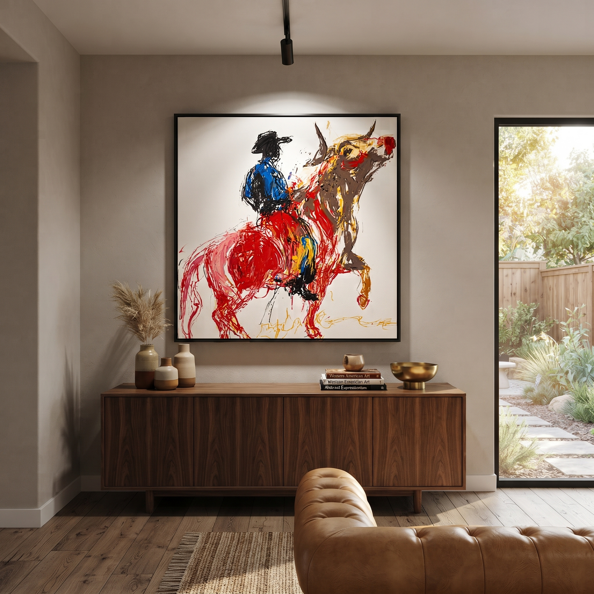 Red Horse Climbs Air - blue cowboy horse painting by Ethan Mercer, contemporary Western square wall art – styled room scene view 5