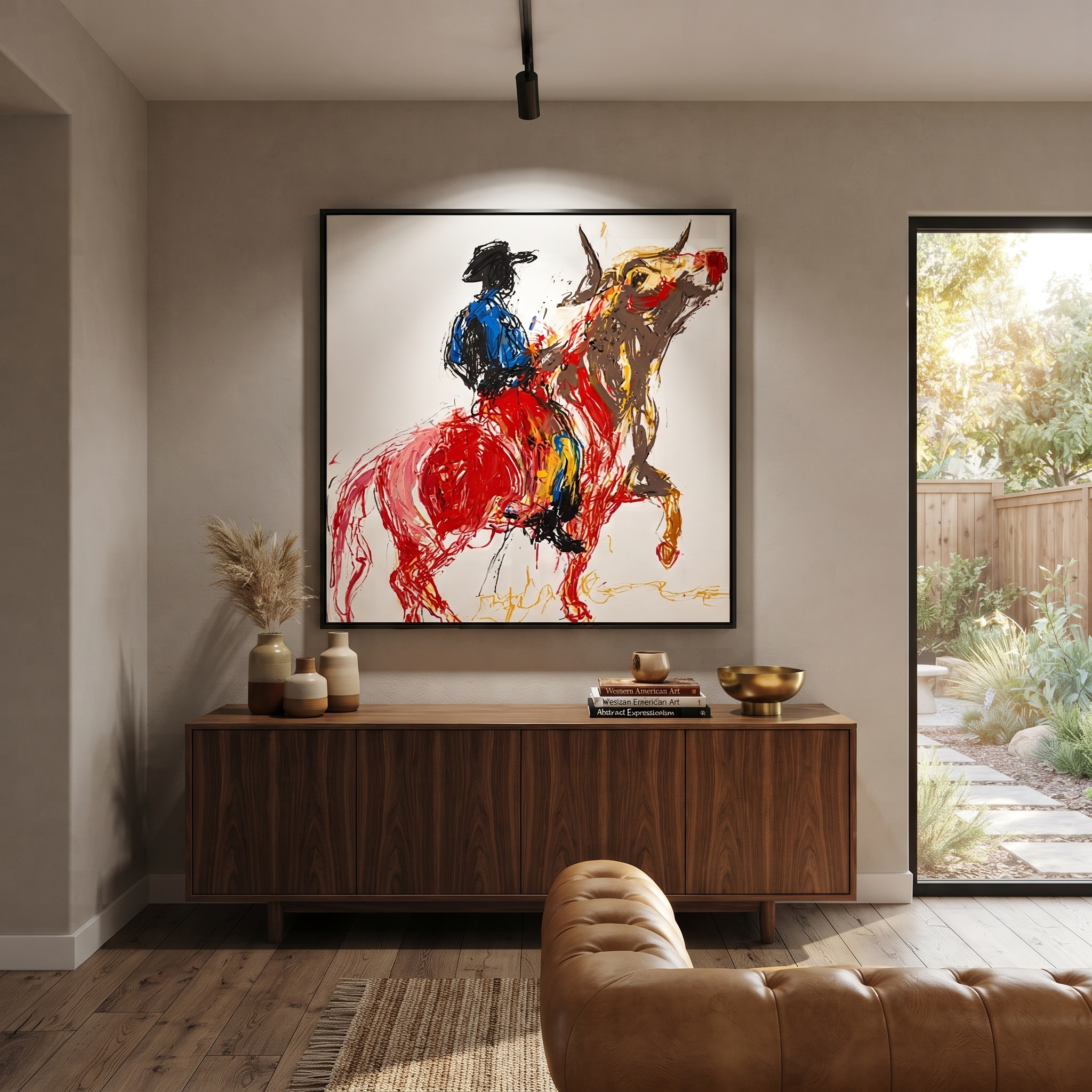 Red Horse Climbs Air - blue cowboy horse painting by Ethan Mercer, contemporary Western square wall art – styled room scene view 5