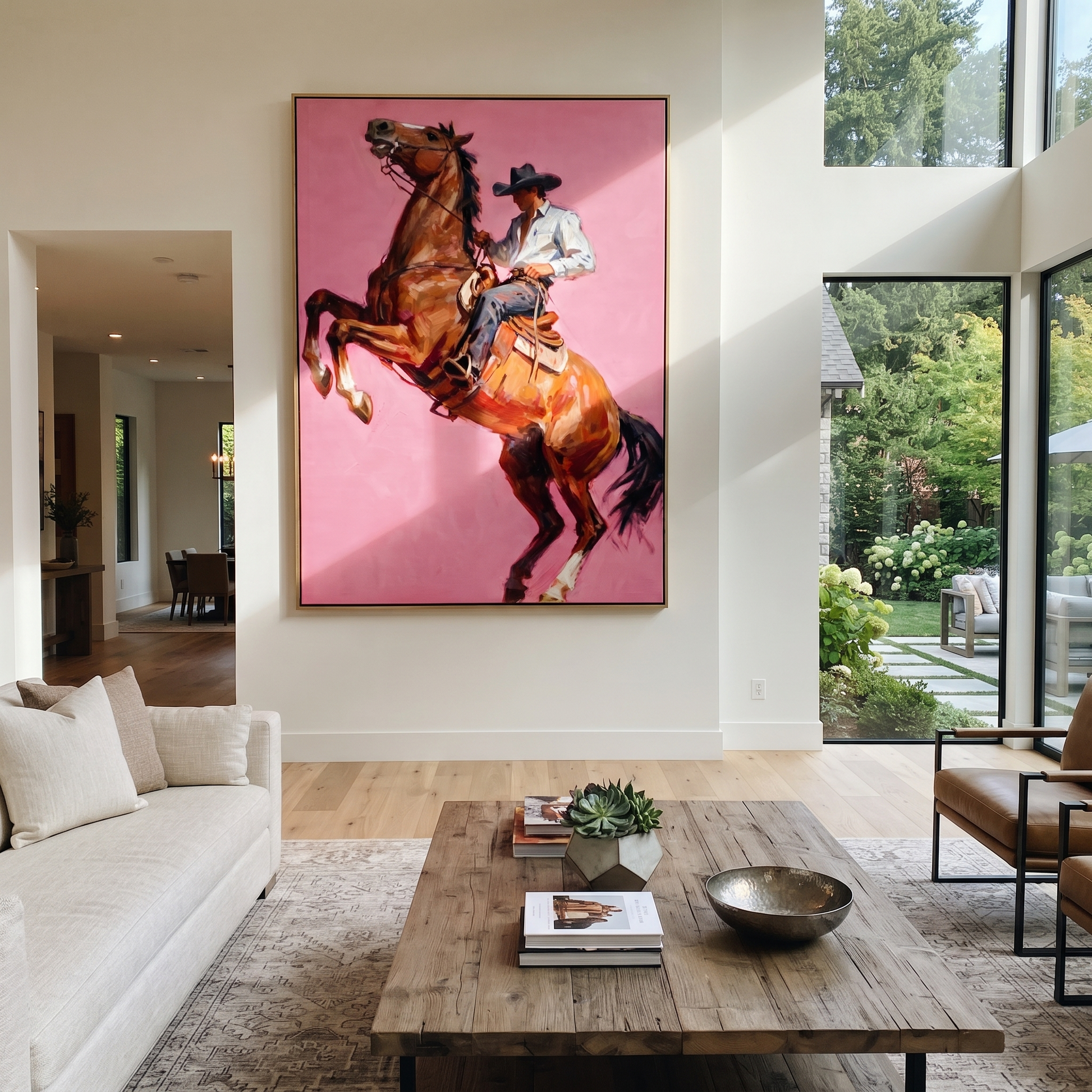 Chestnut Hooves Break Pink - rearing horse cowboy painting by Ethan Mercer, contemporary Western vertical wall art – styled room scene view 1