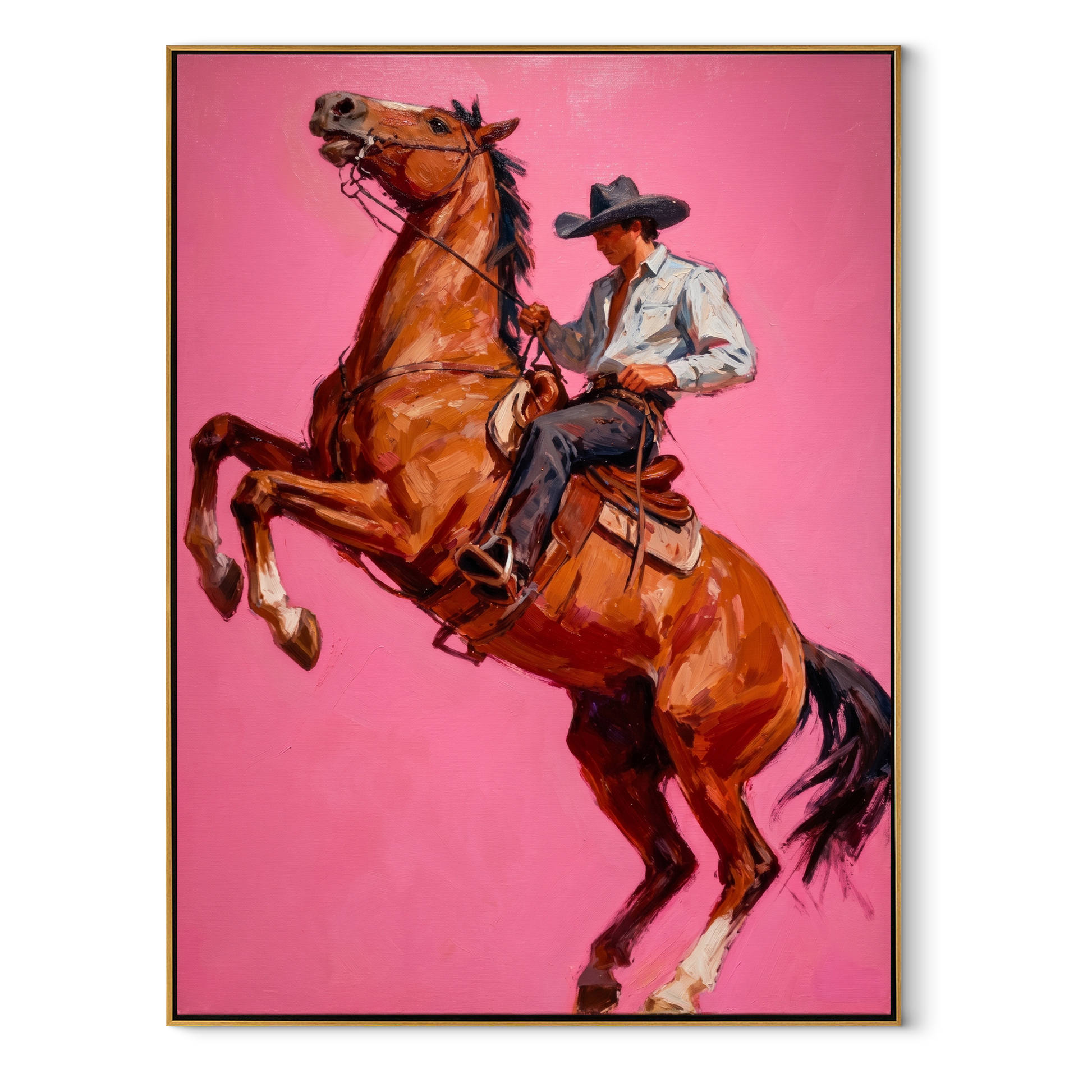 Chestnut Hooves Break Pink - rearing horse cowboy painting by Ethan Mercer, contemporary Western vertical wall art – wood frame on white background