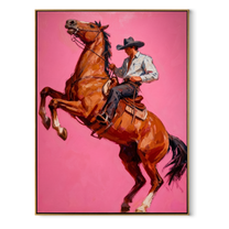 Chestnut Hooves Break Pink - rearing horse cowboy painting by Ethan Mercer, contemporary Western vertical wall art – wood frame on white background