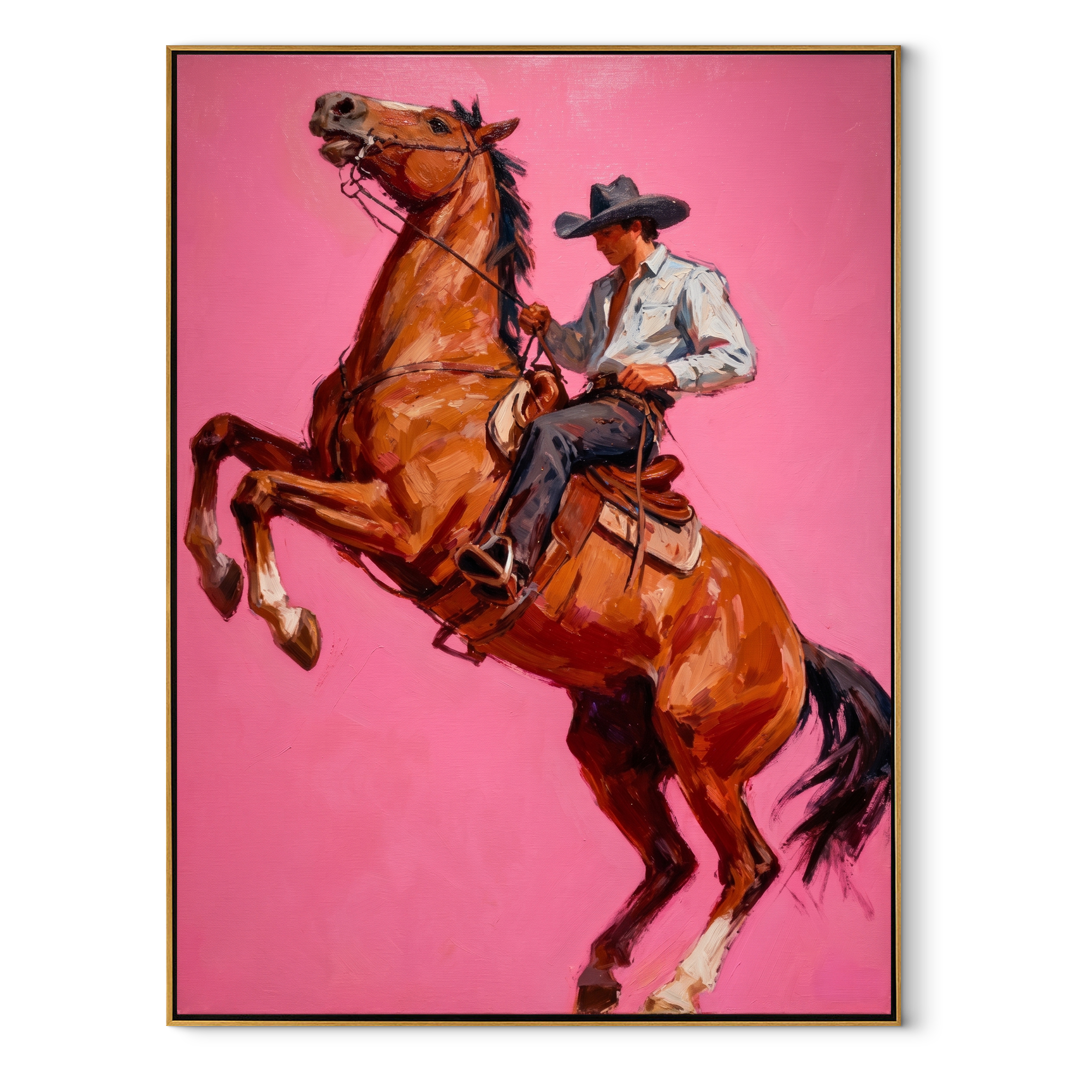 Chestnut Hooves Break Pink - rearing horse cowboy painting by Ethan Mercer, contemporary Western vertical wall art – wood frame on white background