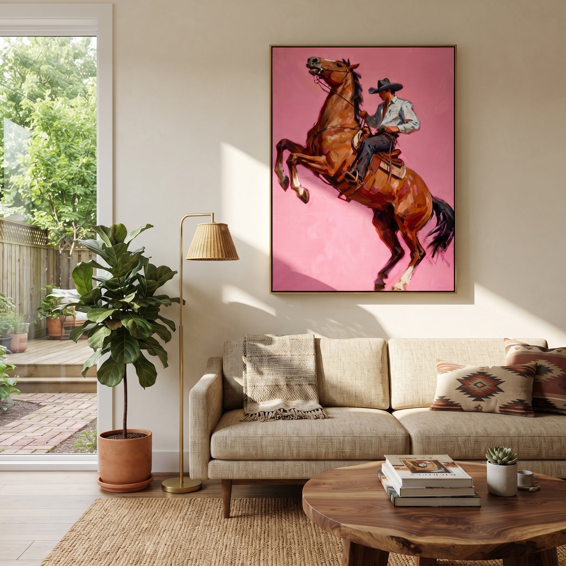 Chestnut Hooves Break Pink - rearing horse cowboy painting by Ethan Mercer, contemporary Western vertical wall art – styled room scene view 2