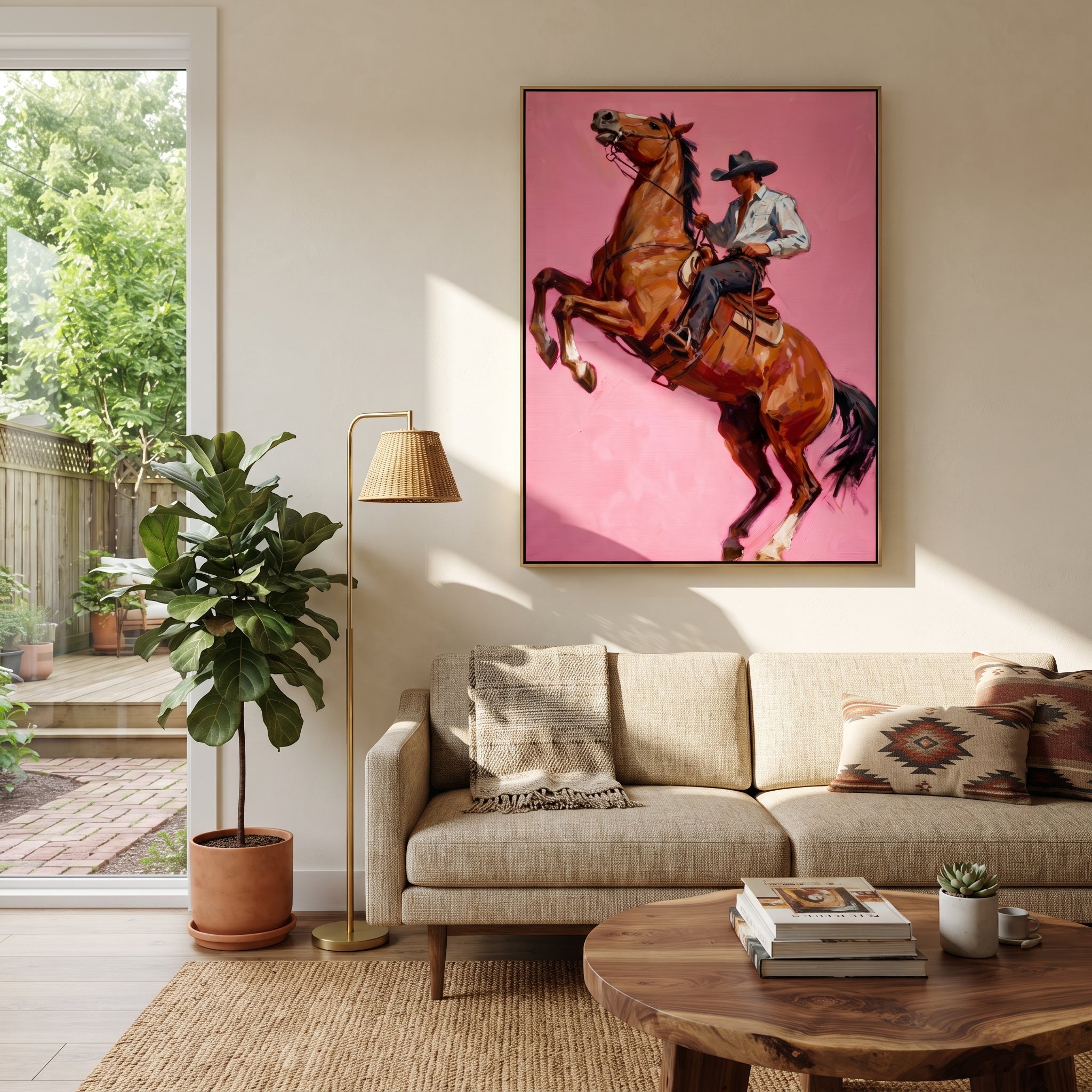 Chestnut Hooves Break Pink - rearing horse cowboy painting by Ethan Mercer, contemporary Western vertical wall art – styled room scene view 2