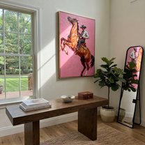 Chestnut Hooves Break Pink - rearing horse cowboy painting by Ethan Mercer, contemporary Western vertical wall art – styled room scene view 3