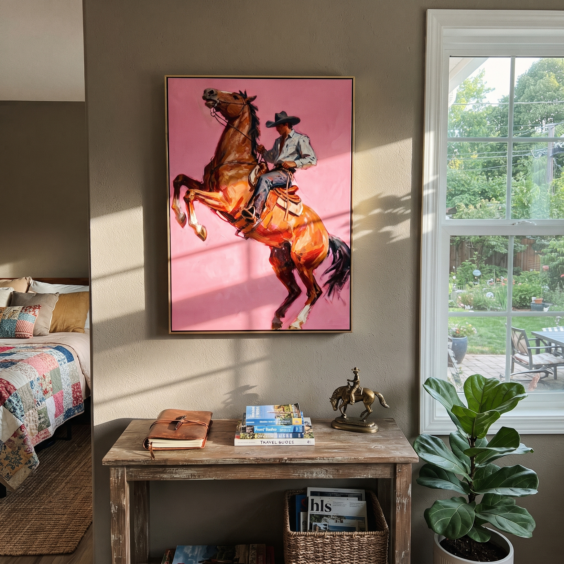 Chestnut Hooves Break Pink - rearing horse cowboy painting by Ethan Mercer, contemporary Western vertical wall art – styled room scene view 4