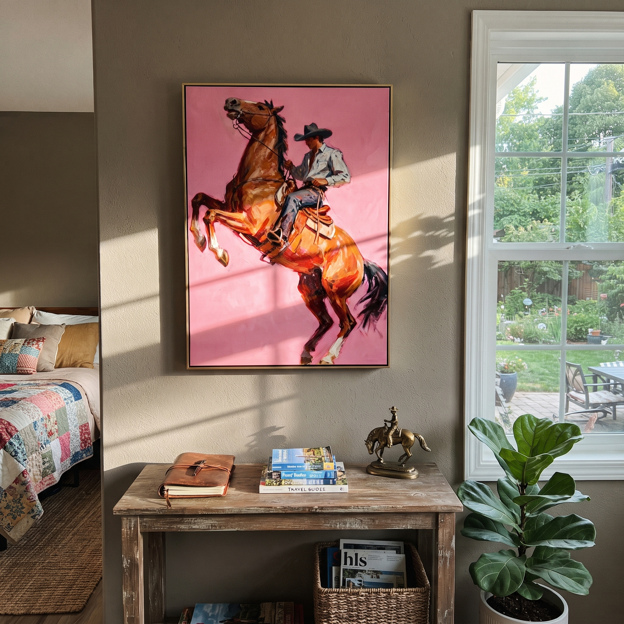 Chestnut Hooves Break Pink - rearing horse cowboy painting by Ethan Mercer, contemporary Western vertical wall art – styled room scene view 4
