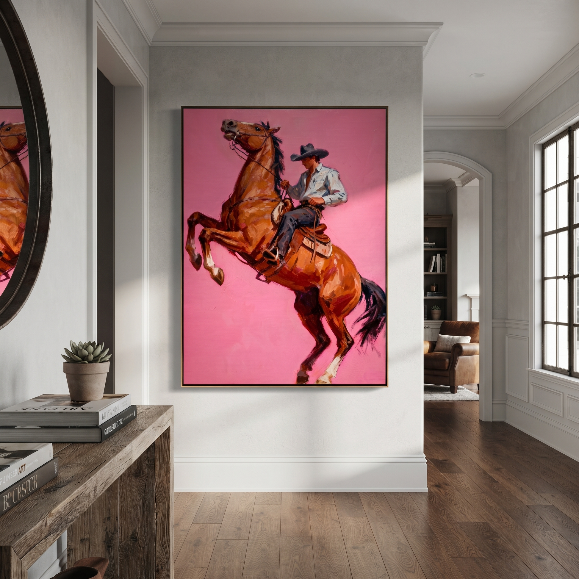 Chestnut Hooves Break Pink - rearing horse cowboy painting by Ethan Mercer, contemporary Western vertical wall art – styled room scene view 5
