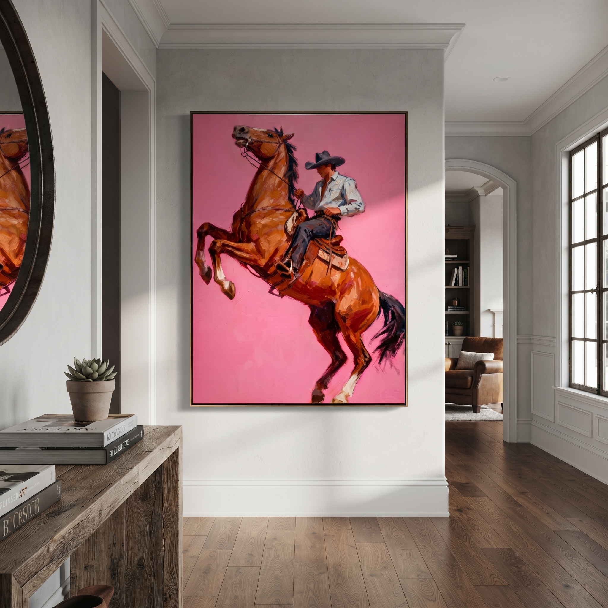 Chestnut Hooves Break Pink - rearing horse cowboy painting by Ethan Mercer, contemporary Western vertical wall art – styled room scene view 5