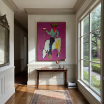 White Horns Carry Evening - cowboy on white longhorn painting by Ethan Mercer, contemporary Western vertical wall art – styled room scene view 1