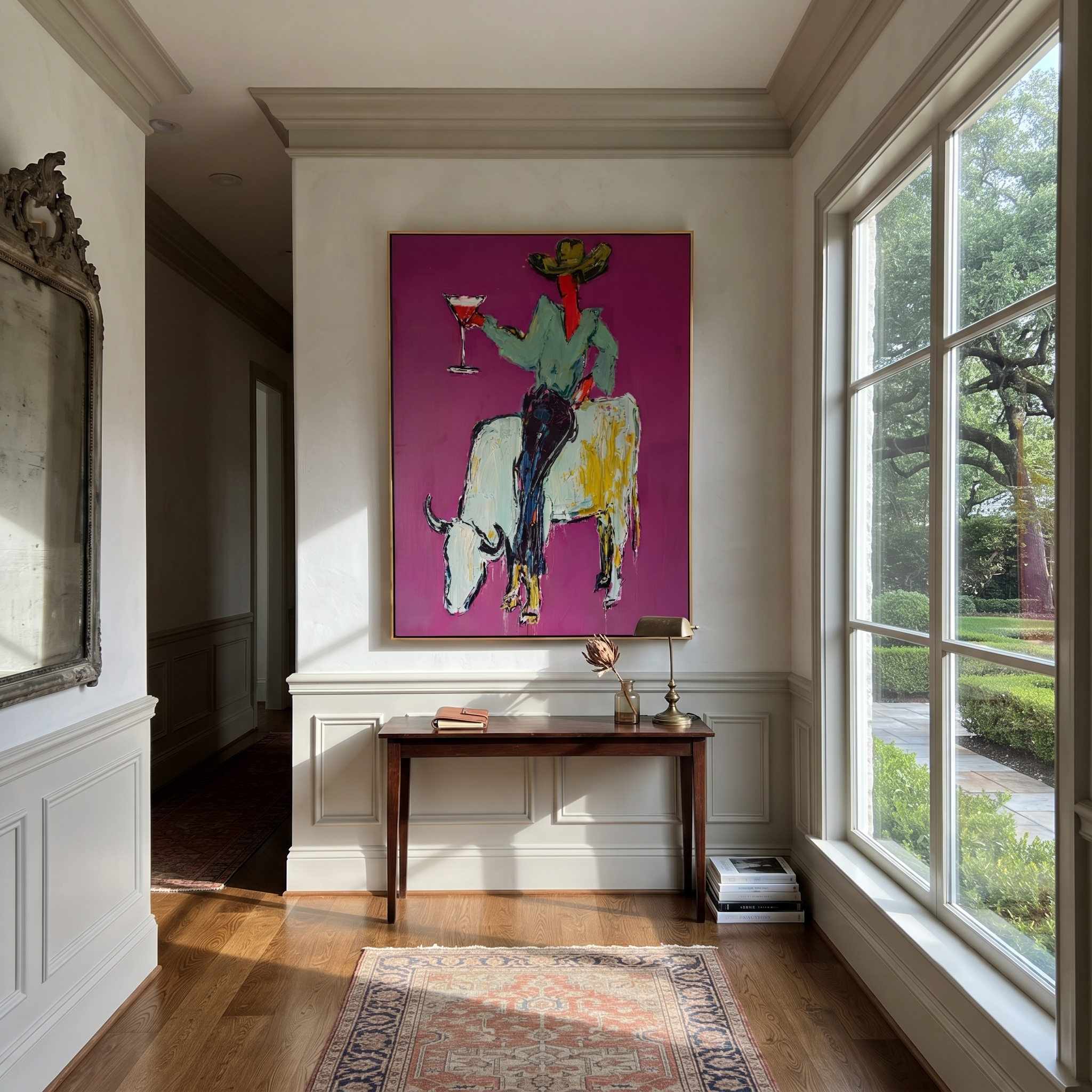 White Horns Carry Evening - cowboy on white longhorn painting by Ethan Mercer, contemporary Western vertical wall art – styled room scene view 1