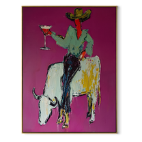 White Horns Carry Evening - cowboy on white longhorn painting by Ethan Mercer, contemporary Western vertical wall art – wood frame on white background