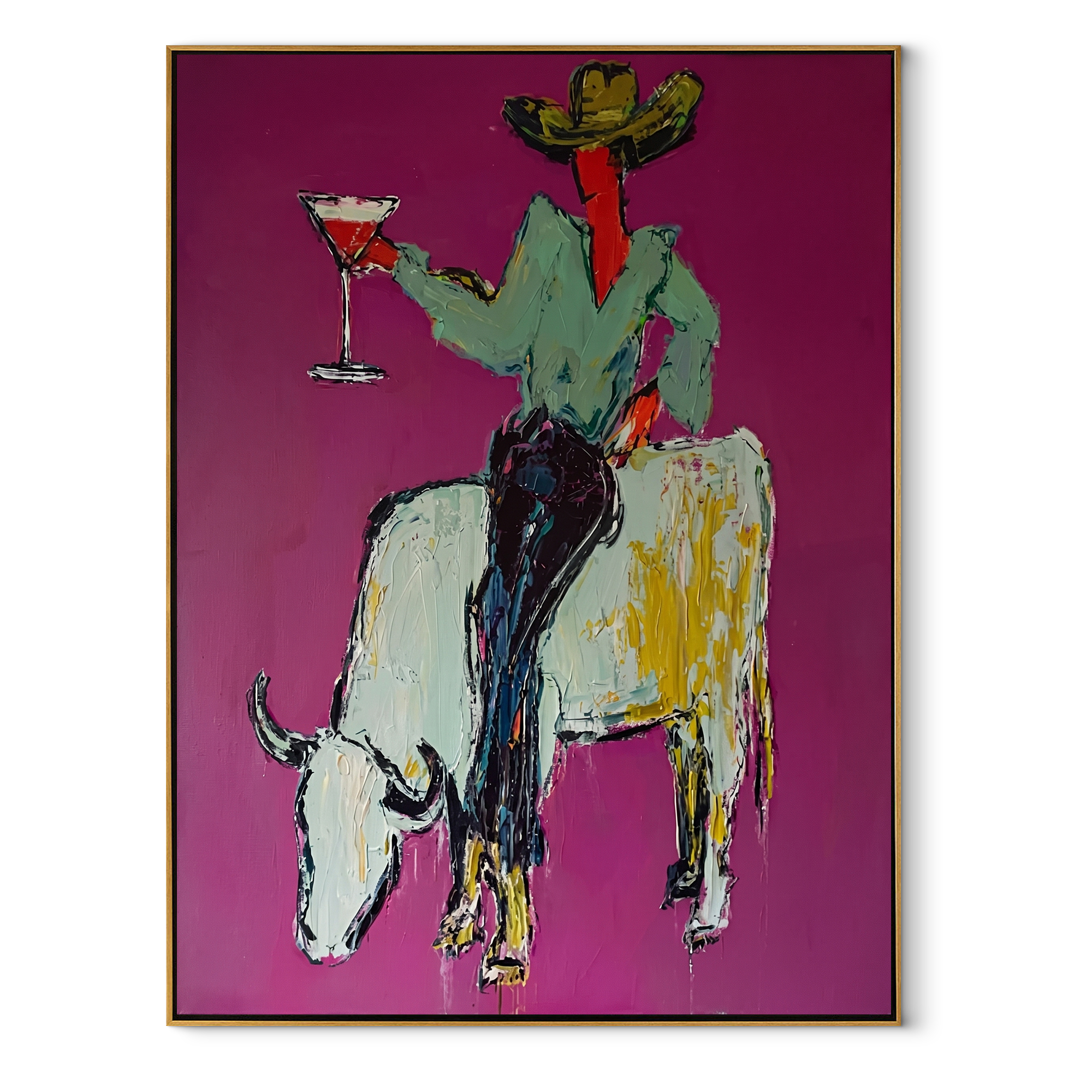 White Horns Carry Evening - cowboy on white longhorn painting by Ethan Mercer, contemporary Western vertical wall art – wood frame on white background
