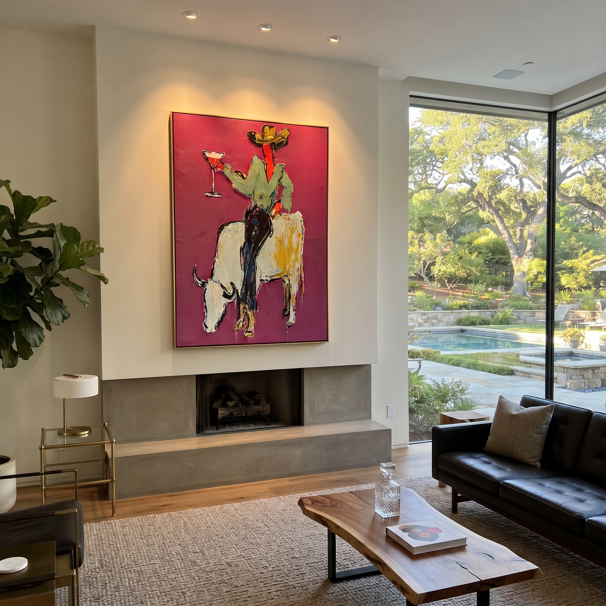 White Horns Carry Evening - cowboy on white longhorn painting by Ethan Mercer, contemporary Western vertical wall art – styled room scene view 2