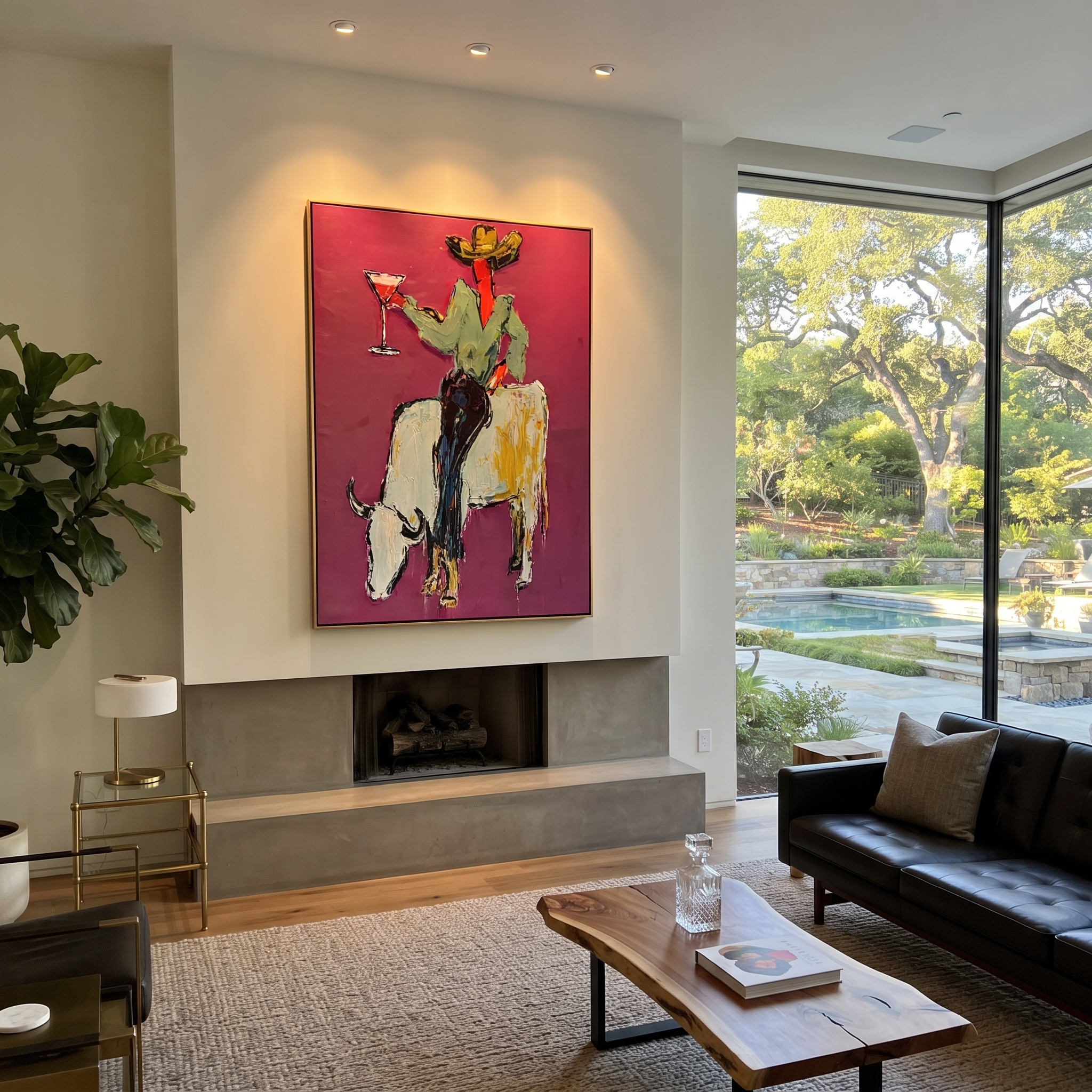 White Horns Carry Evening - cowboy on white longhorn painting by Ethan Mercer, contemporary Western vertical wall art – styled room scene view 2