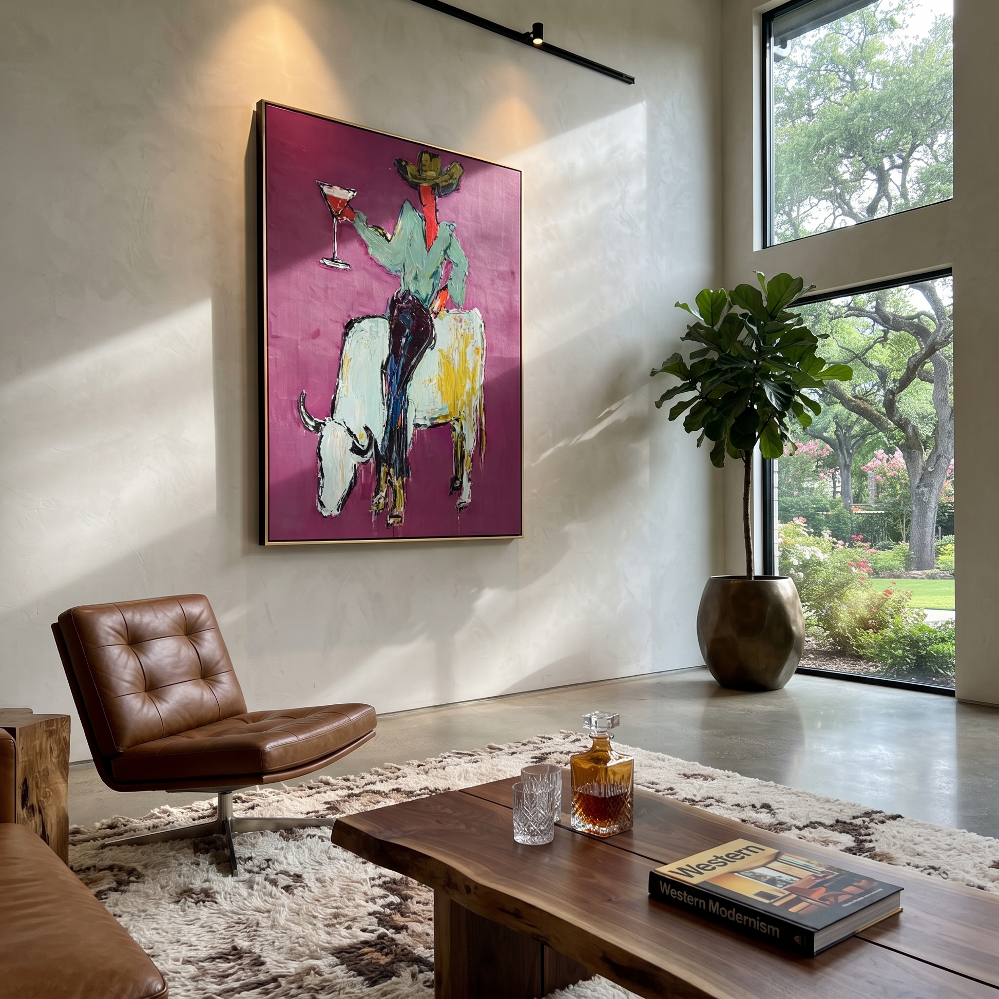 White Horns Carry Evening - cowboy on white longhorn painting by Ethan Mercer, contemporary Western vertical wall art – styled room scene view 3