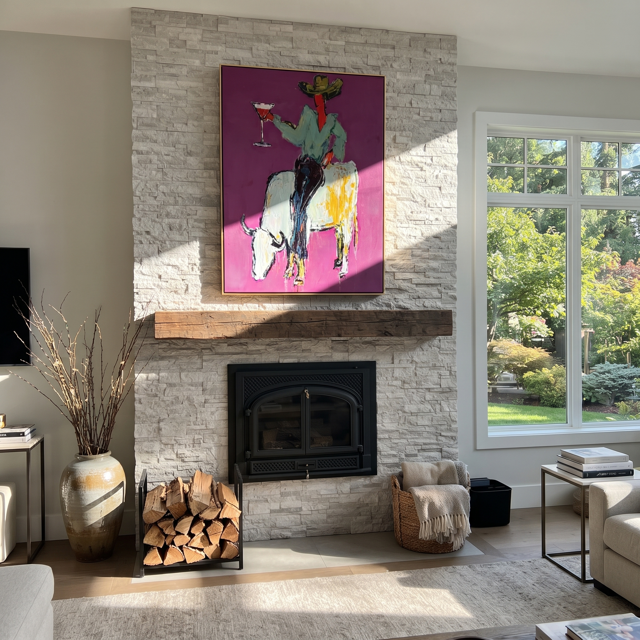 White Horns Carry Evening - cowboy on white longhorn painting by Ethan Mercer, contemporary Western vertical wall art – styled room scene view 4