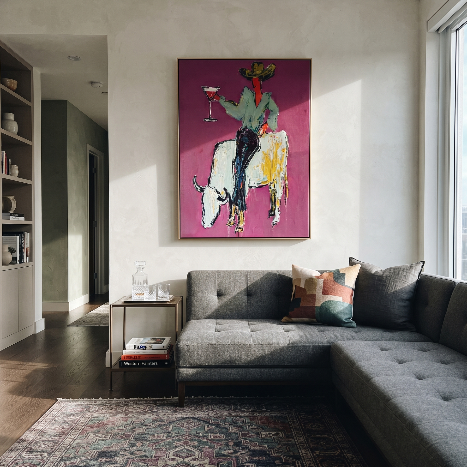 White Horns Carry Evening - cowboy on white longhorn painting by Ethan Mercer, contemporary Western vertical wall art – styled room scene view 5