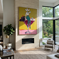 Turquoise Legs Balance Crimson - cowgirl martini glass painting by Ethan Mercer, contemporary Western vertical wall art – styled room scene view 1