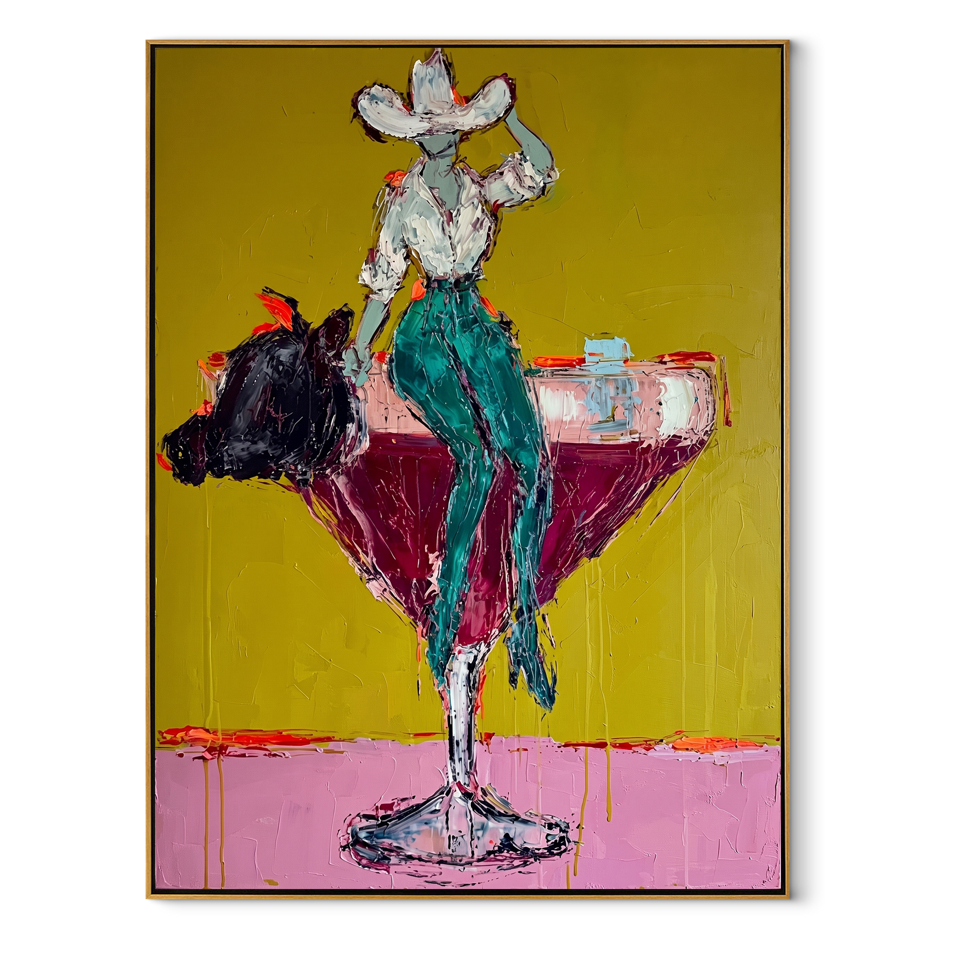 Turquoise Legs Balance Crimson - cowgirl martini glass painting by Ethan Mercer, contemporary Western vertical wall art – wood frame on white background