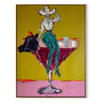 Turquoise Legs Balance Crimson - cowgirl martini glass painting by Ethan Mercer, contemporary Western vertical wall art – wood frame on white background