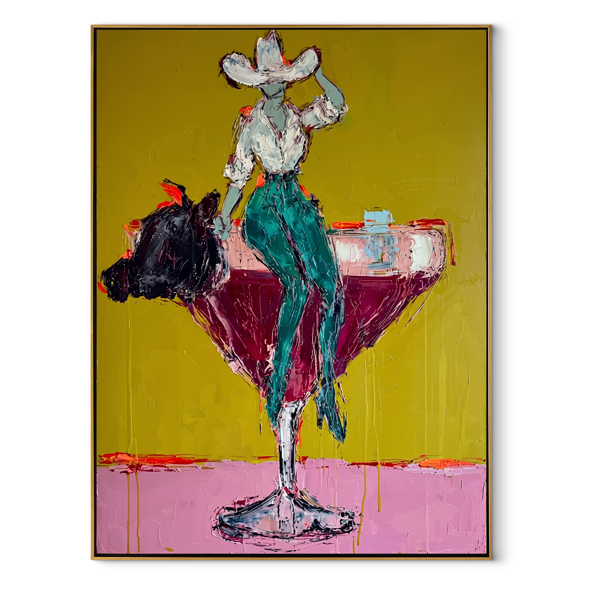 Turquoise Legs Balance Crimson - cowgirl martini glass painting by Ethan Mercer, contemporary Western vertical wall art – wood frame on white background