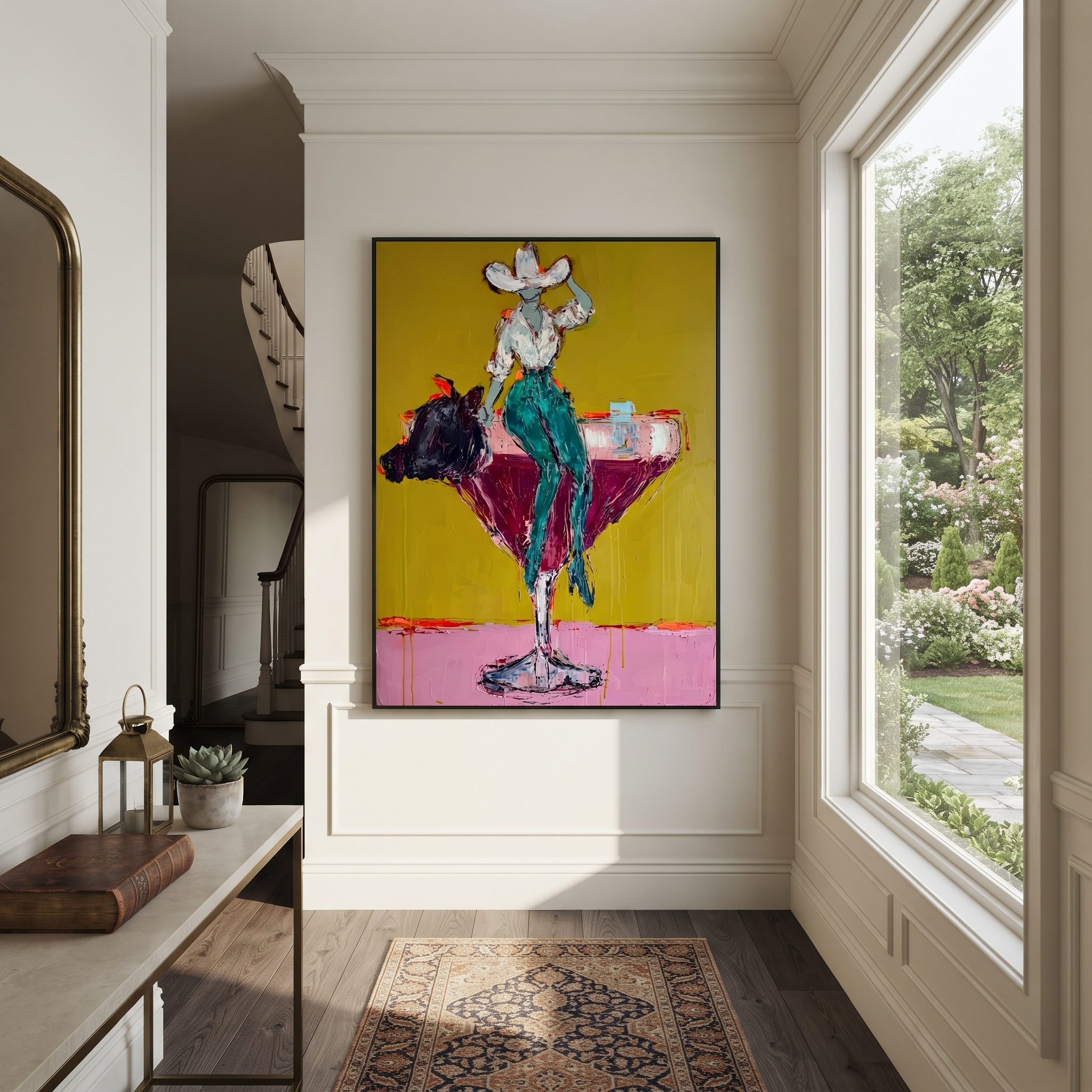 Turquoise Legs Balance Crimson - cowgirl martini glass painting by Ethan Mercer, contemporary Western vertical wall art – styled room scene view 2