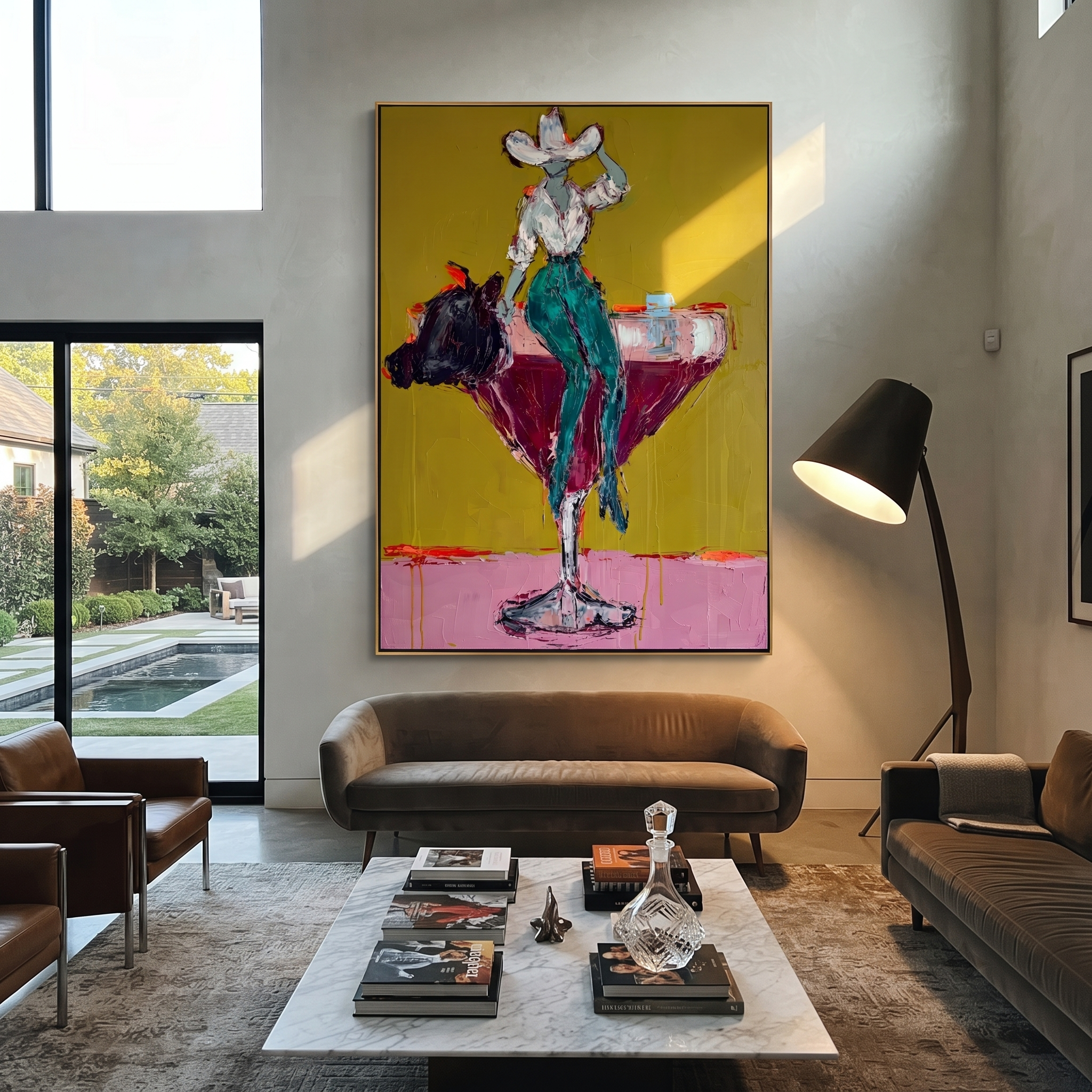 Turquoise Legs Balance Crimson - cowgirl martini glass painting by Ethan Mercer, contemporary Western vertical wall art – styled room scene view 3