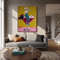 Turquoise Legs Balance Crimson - cowgirl martini glass painting by Ethan Mercer, contemporary Western vertical wall art – styled room scene view 4
