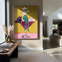 Turquoise Legs Balance Crimson - cowgirl martini glass painting by Ethan Mercer, contemporary Western vertical wall art – styled room scene view 5