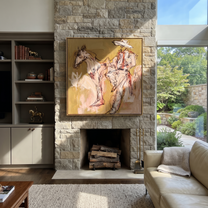 Pale Rider Waits Ochre - sketch horse and rider painting by Ethan Mercer, contemporary Western square wall art – styled room scene view 1