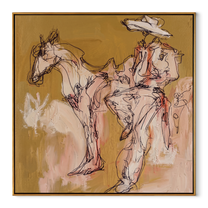 Pale Rider Waits Ochre - sketch horse and rider painting by Ethan Mercer, contemporary Western square wall art – wood frame on white background