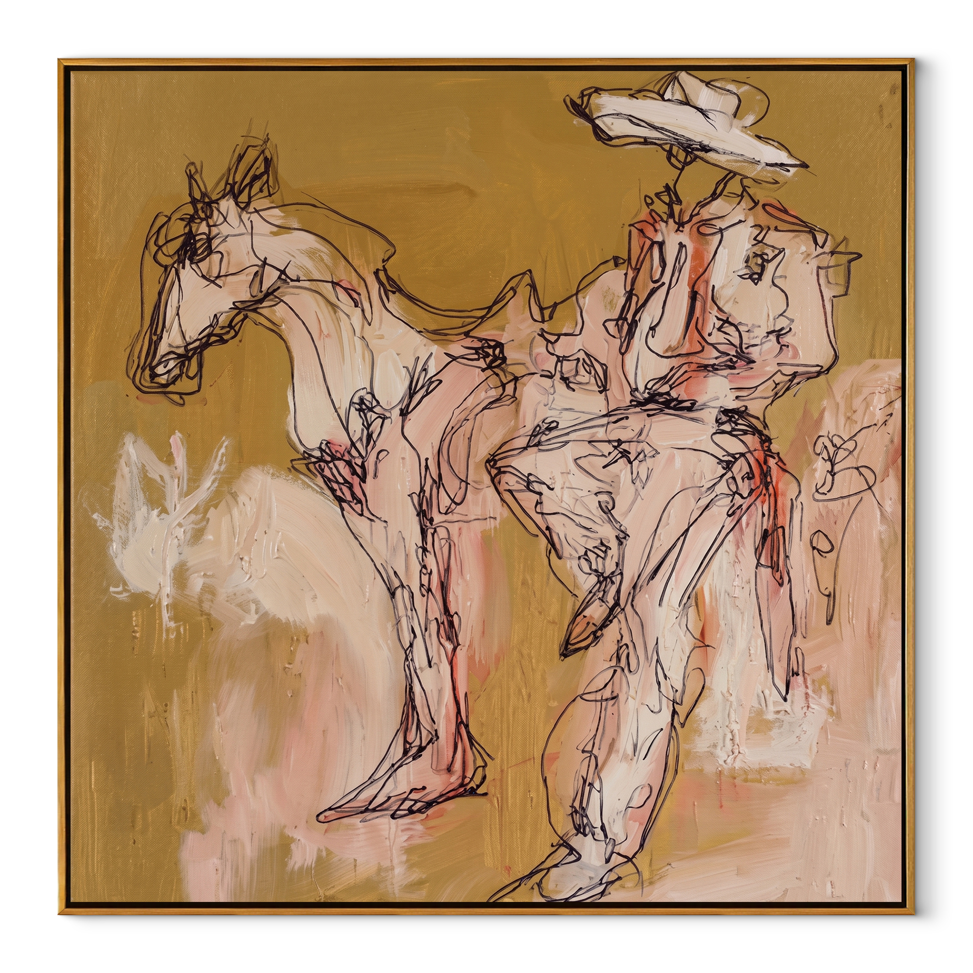 Pale Rider Waits Ochre - sketch horse and rider painting by Ethan Mercer, contemporary Western square wall art – wood frame on white background