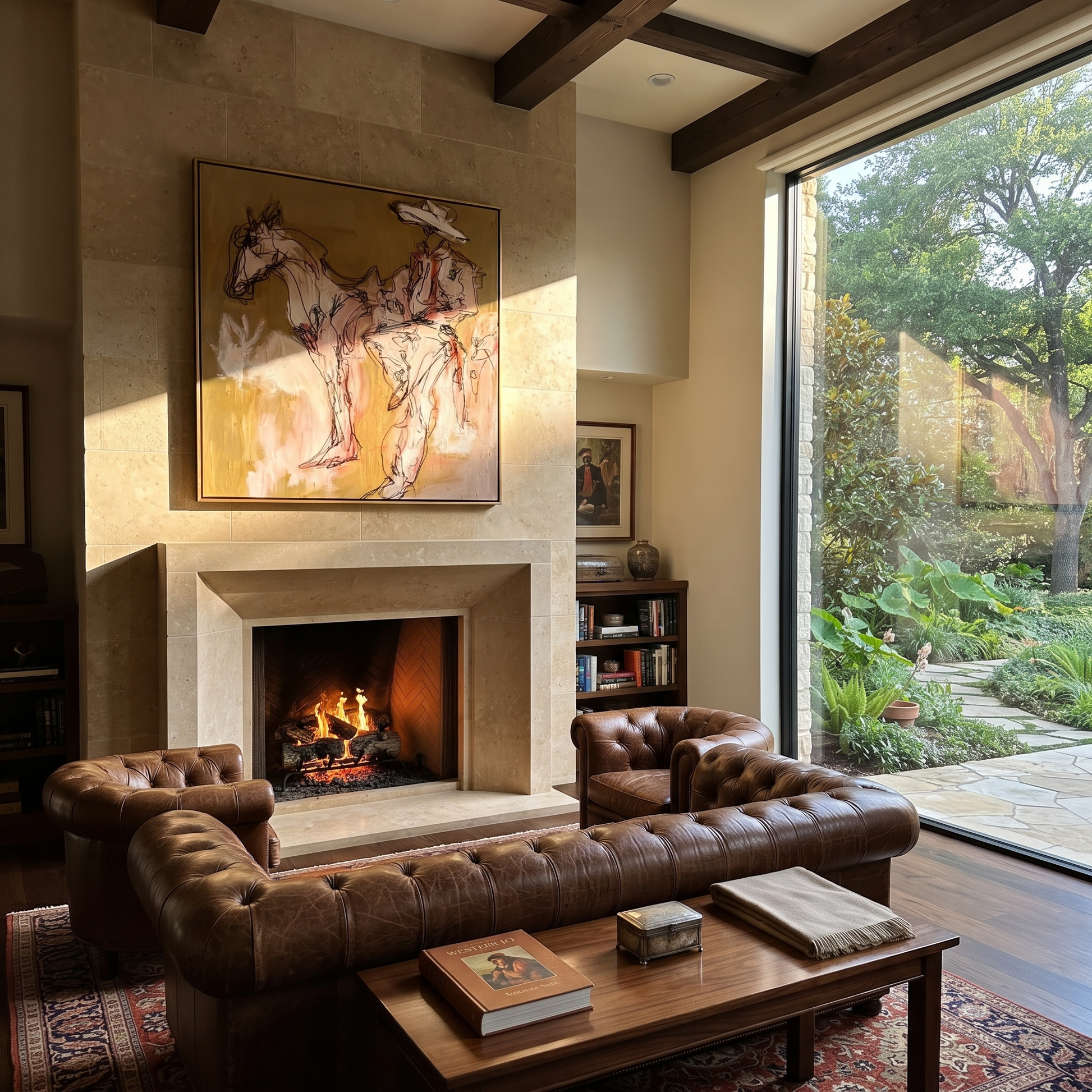 Pale Rider Waits Ochre - sketch horse and rider painting by Ethan Mercer, contemporary Western square wall art – styled room scene view 2
