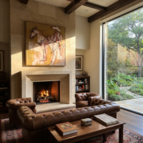 Pale Rider Waits Ochre - sketch horse and rider painting by Ethan Mercer, contemporary Western square wall art – styled room scene view 2