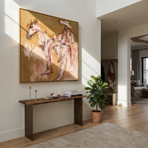 Pale Rider Waits Ochre - sketch horse and rider painting by Ethan Mercer, contemporary Western square wall art – styled room scene view 3
