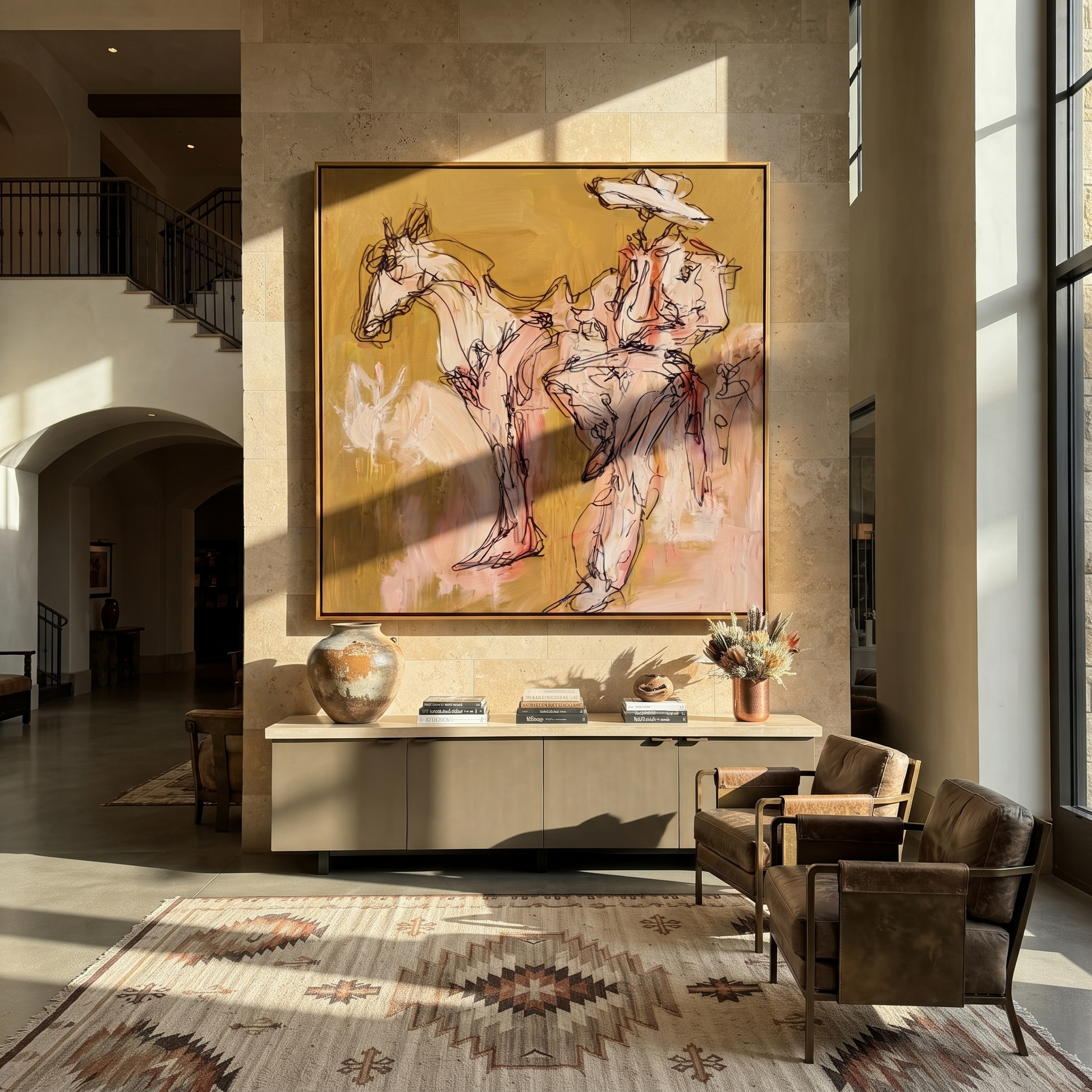Pale Rider Waits Ochre - sketch horse and rider painting by Ethan Mercer, contemporary Western square wall art – styled room scene view 4