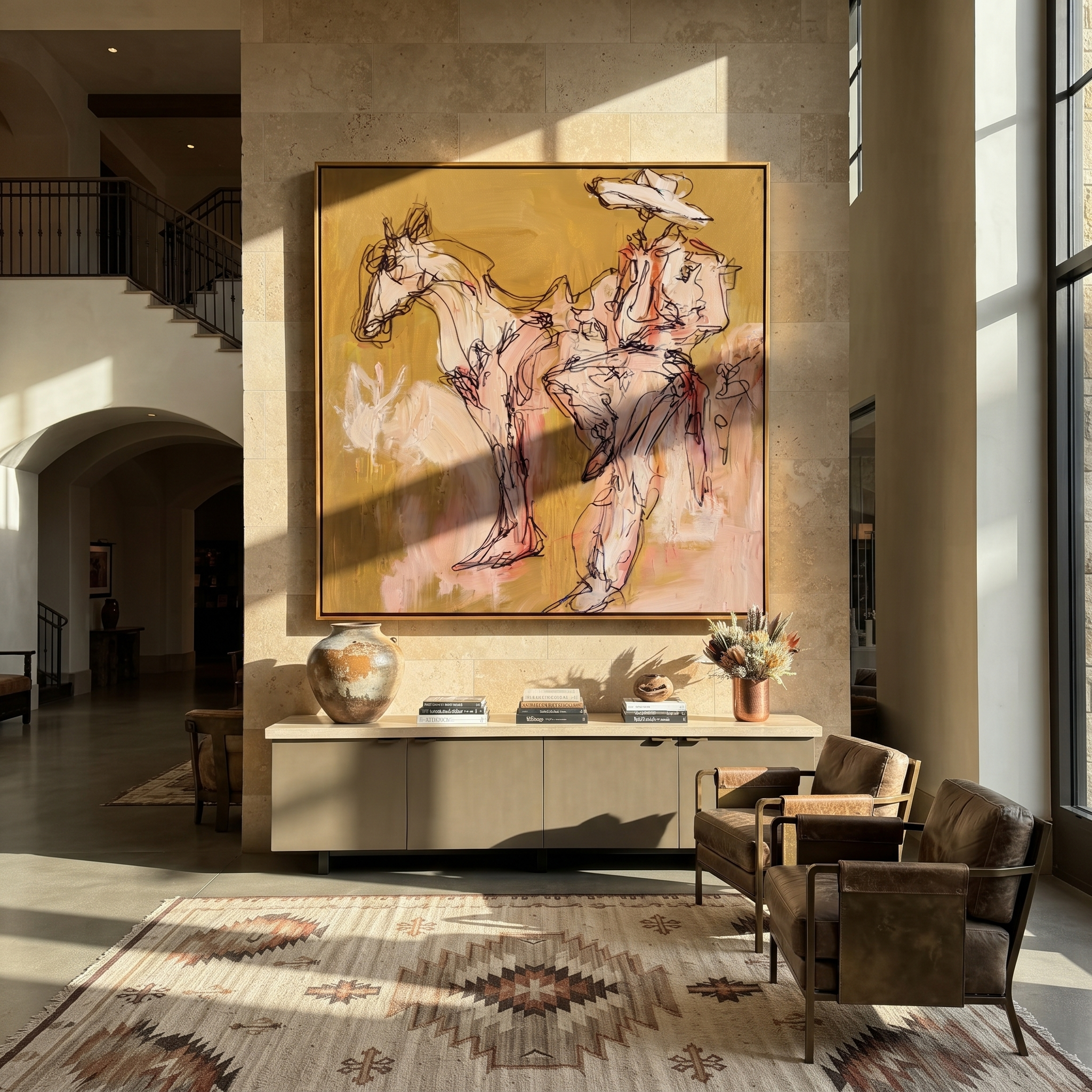 Pale Rider Waits Ochre - sketch horse and rider painting by Ethan Mercer, contemporary Western square wall art – styled room scene view 4