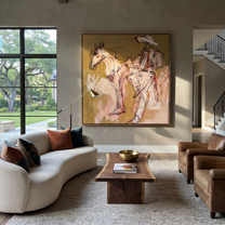 Pale Rider Waits Ochre - sketch horse and rider painting by Ethan Mercer, contemporary Western square wall art – styled room scene view 5
