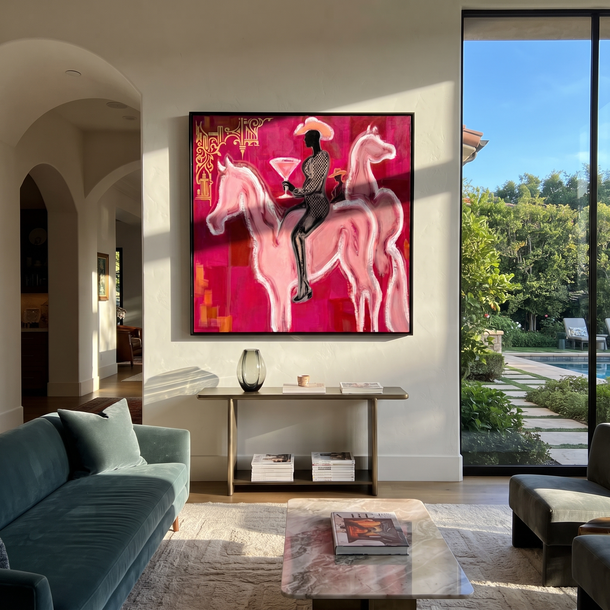 Pink Horses Carry Midnight - two pink horse rider painting by Ethan Mercer, contemporary Western square wall art – styled room scene view 1