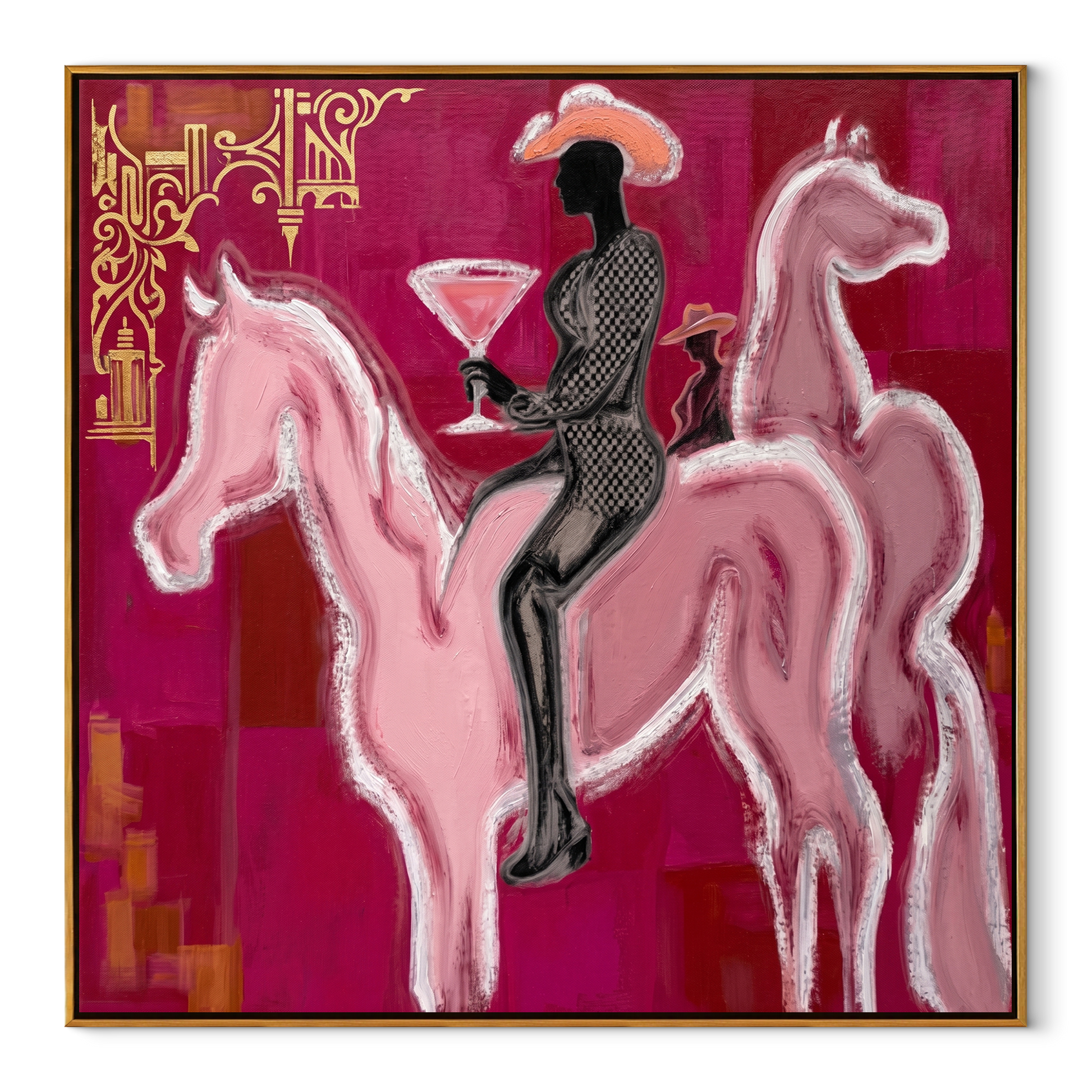 Pink Horses Carry Midnight - two pink horse rider painting by Ethan Mercer, contemporary Western square wall art – wood frame on white background