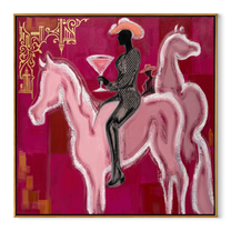 Pink Horses Carry Midnight - two pink horse rider painting by Ethan Mercer, contemporary Western square wall art – wood frame on white background
