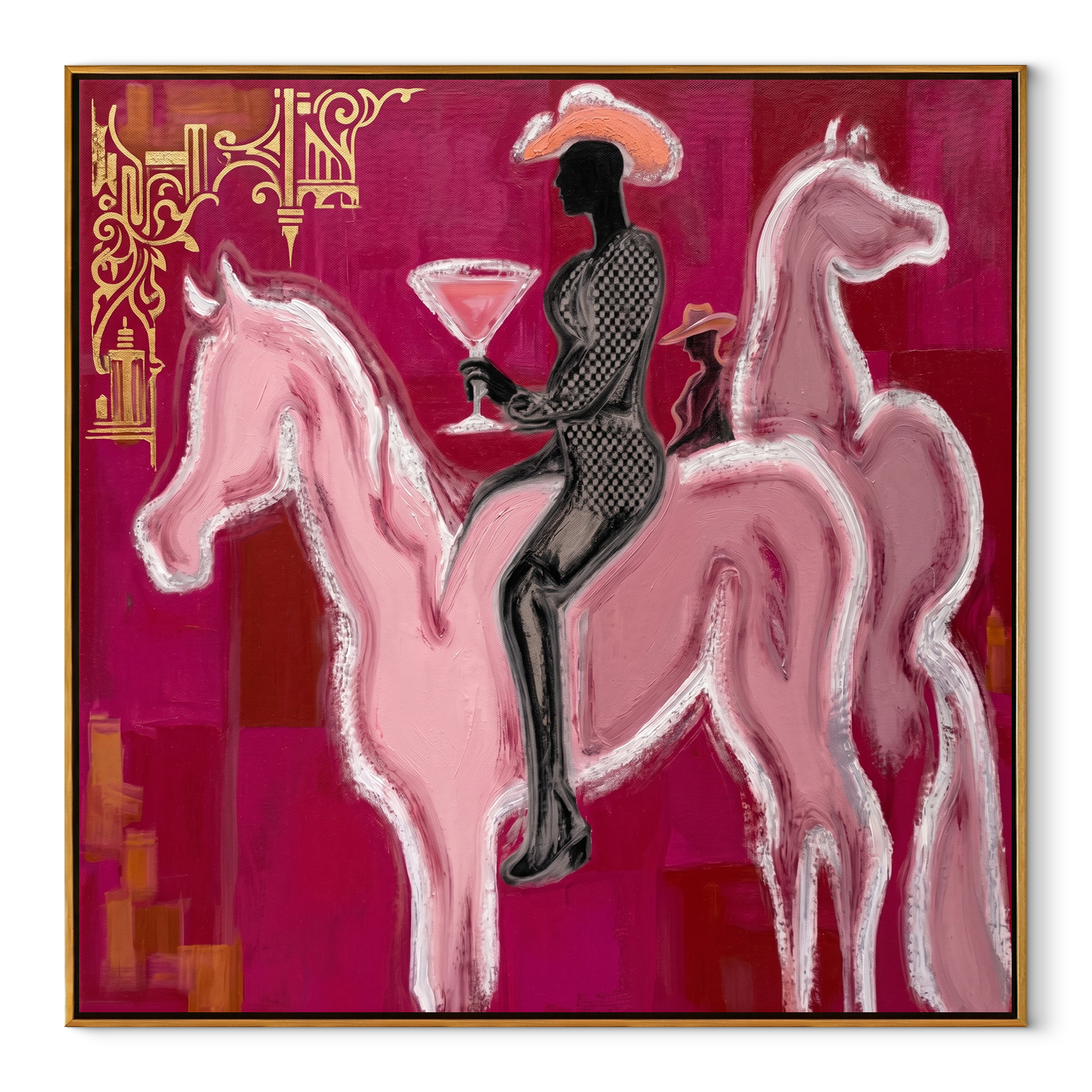 Pink Horses Carry Midnight - two pink horse rider painting by Ethan Mercer, contemporary Western square wall art – wood frame on white background