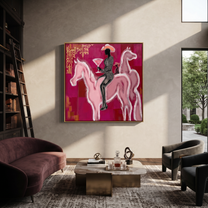 Pink Horses Carry Midnight - two pink horse rider painting by Ethan Mercer, contemporary Western square wall art – styled room scene view 2