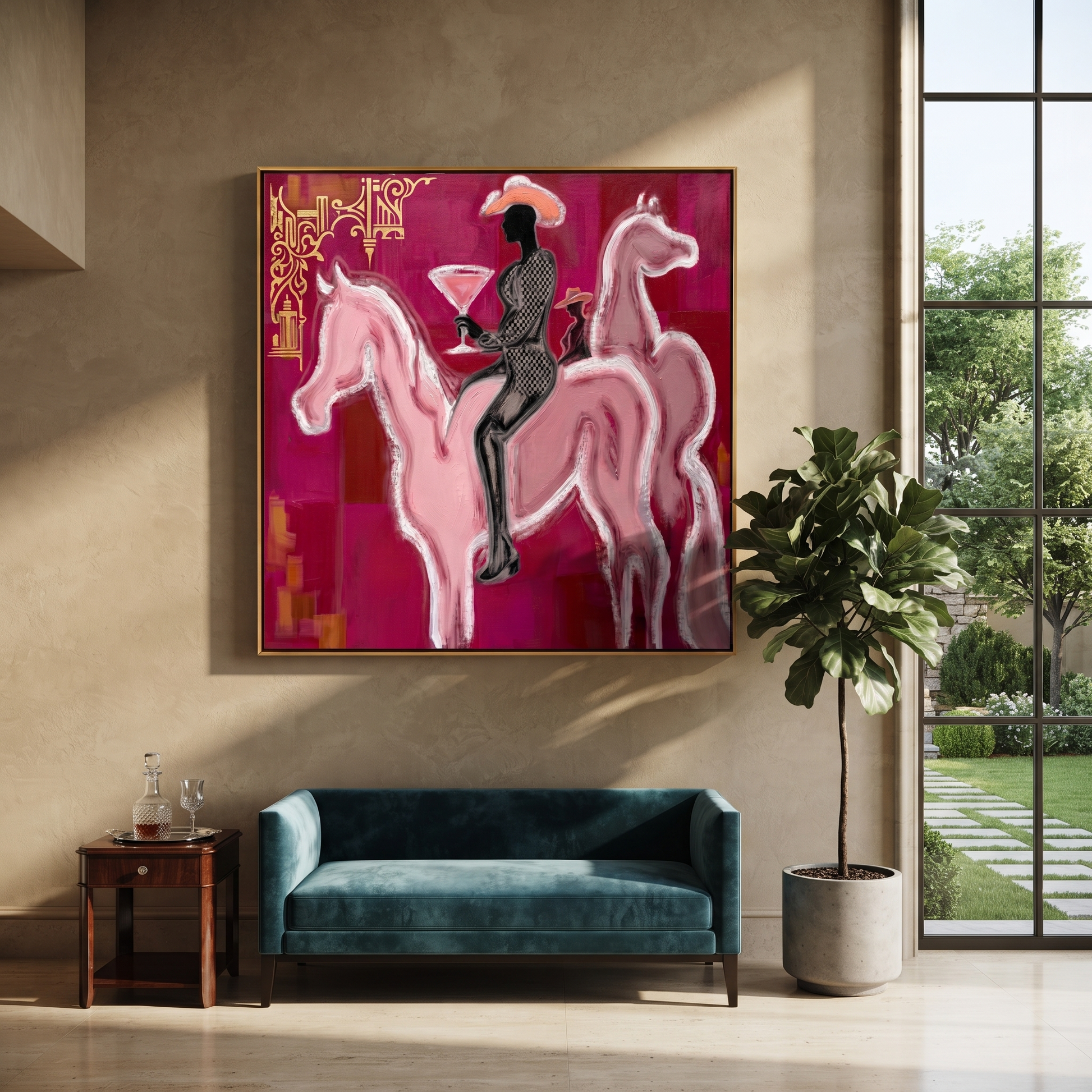 Pink Horses Carry Midnight - two pink horse rider painting by Ethan Mercer, contemporary Western square wall art – styled room scene view 3