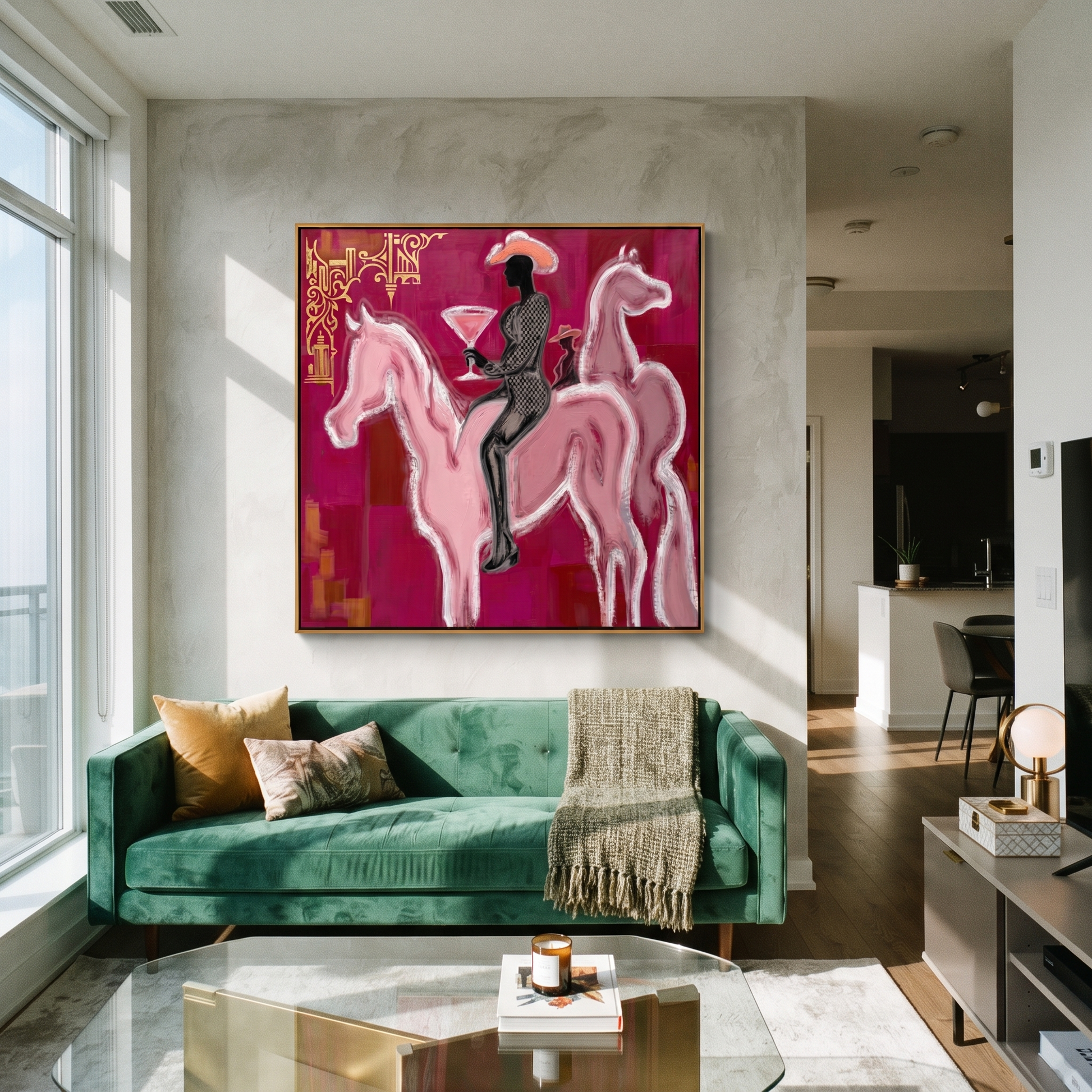 Pink Horses Carry Midnight - two pink horse rider painting by Ethan Mercer, contemporary Western square wall art – styled room scene view 4