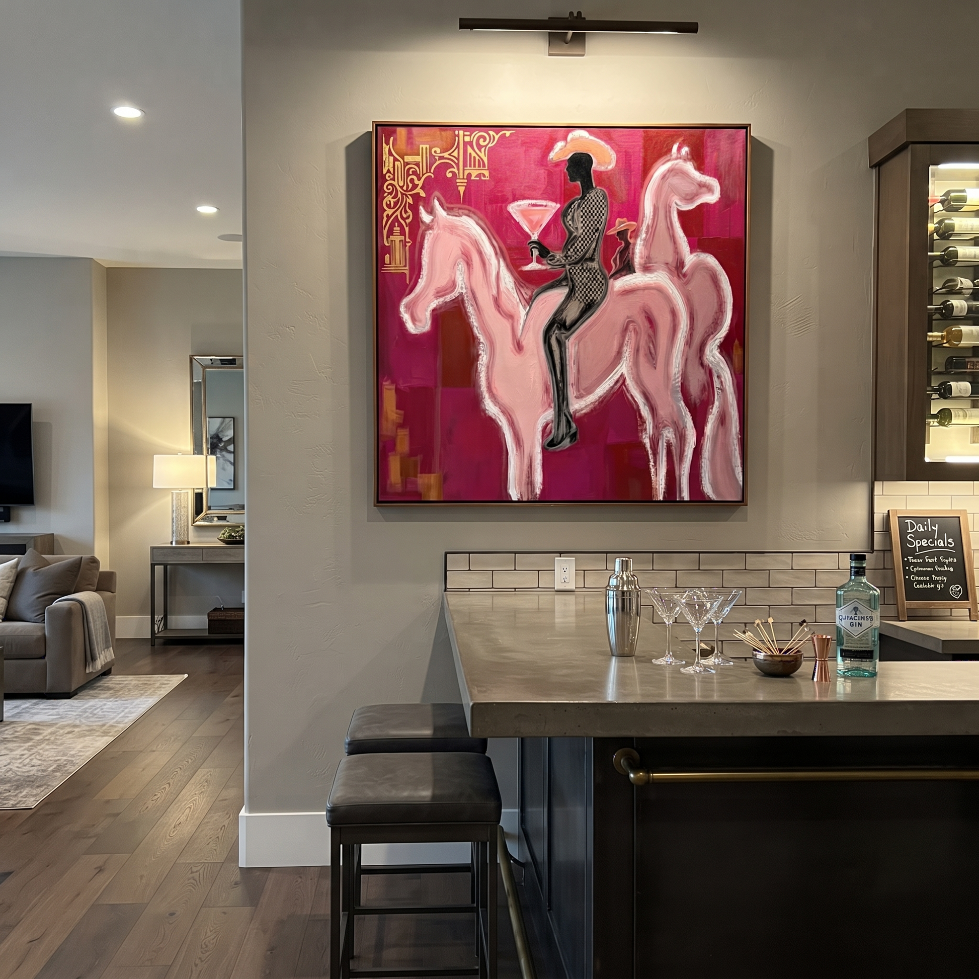 Pink Horses Carry Midnight - two pink horse rider painting by Ethan Mercer, contemporary Western square wall art – styled room scene view 5