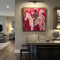 Pink Horses Carry Midnight - two pink horse rider painting by Ethan Mercer, contemporary Western square wall art – styled room scene view 5